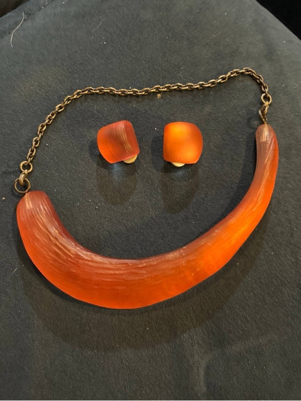Alexis Bittar Orange Lucite Crescent Necklace with Clip-On Earrings Set